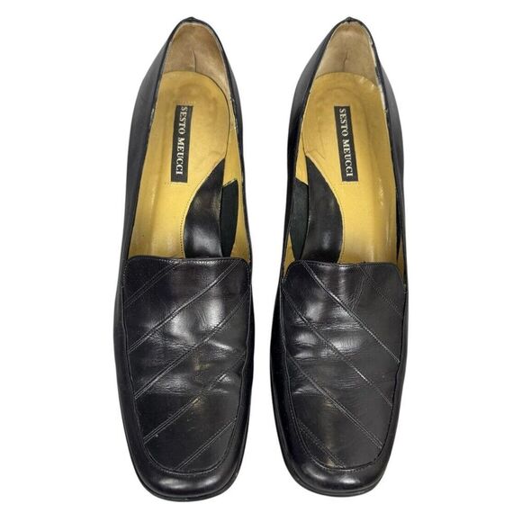SESTO MEUCCI Black Penny Loafers Block Heel Shoes Size 10 Leather Square Toe - Picture 2 of 14